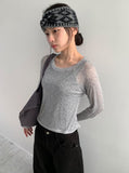 Jekin See-Through Flower Printing Long Sleeve Tee