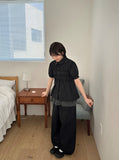 Yante Shirring Lace Short Sleeve Shirt