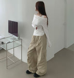 Cotton Two-Way Pocket Knee Shirring Wide Banding Pants