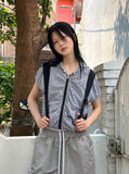 GINGHAM SHIRRING ZIP-UP
