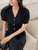 Elnia V-neck Puff Knit Cardigan H-Line Skirt Set
