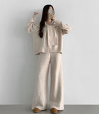 Shawl V-Neck Knit Long Wide Banding Pants Three Piece Wool Two Piece Set