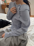 Lahomi Diagonal Ribbed Button Hood Long Sleeve Tee