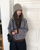 Hira Round Henley Neck Button Stripe Knit