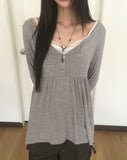 Hoshiv Button Shirring Layered Long Sleeve T-Shirt