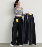 Raw Trendy Front Diagonal Cut Wide Fit Denim Pants