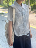 Felnas Stripe Ribbon Short Sleeve Blouse