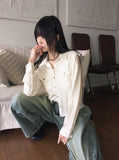 [MADE] Lippe Vintage Pleated Pocket Collar Semi Crop Long Sleeve Shirt