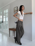 Haron Side Ribbon Strap Pintuck Long Wide Slacks