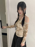 Lutz See-Through Tie-Dye Printing Shirring Mesh Long Sleeve Off-Shoulder T-Shirt