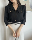 Boybi Collar Pocket Three Quarter Sleeve Jacket Blouse
