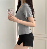 Deep U-neck Square Neck Slim Fit Short Sleeve T-Shirt