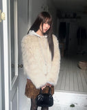 Hoa color matching hooded zip-up fur jacket