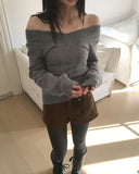 Chimo V-Neck Off-Shoulder Slim Fit Cable Knit