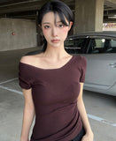 Shirring off-shoulder short sleeve tee