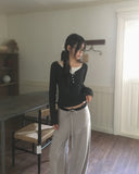 Soya Dot Half Button V-Neck Long Sleeve T-Shirt