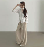 Waist Strap Neck Tie Balloon Puff Blouse
