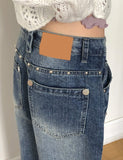Boa Stud Eyelet Pocket Wide Fit Washed Denim Long Pants