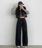 Raw Unique Red Stitch Heart Point Embroidery Wide Denim Pants