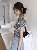 Isho Fake Layered Halter Stripe Button Short Sleeve T-shirt
