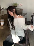 [Muffler Set/Wool Knit] Cozen Off-Shoulder Loose Fit Tie Knit