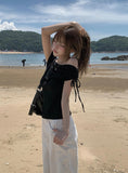 Nob Shirring Off-shoulder Ribbon Short Sleeve T-shirt