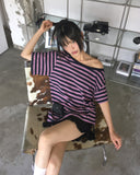 Mats Stripe One Off Shoulder Overfit Short Sleeve T-Shirt