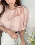 Love It Tie Diagonal Frill Puff Blouse