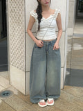 [A/M] Ruched Side Pintuck Washing Wide Denim Pants