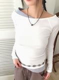 Chiss shirring layered diagonal off-shoulder long sleeve T-shirt