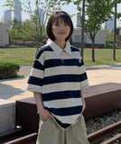 [unisex] Sanmari Stripe Collar Short Sleeve Tee