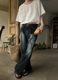 Deep blue washing wide denim