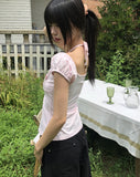 Rosen Flower Print Shirring Short Sleeve T-Shirt