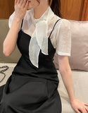 Ruzen Pearl Tie Short Sleeve Blouse