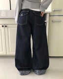 Jakan Flower Roll-up Wide Denim Pants