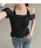 Flower Pattern Halterneck Sleeveless Short Sleeve Blouse Set