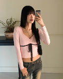 Luer Balletcore Ribbon Color Matching Heart Neck Long Sleeved T-Shirt