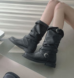 Two-way Buckle Shirring Slit Middle Boots