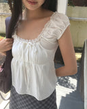 Hana Lace Ribbon Puff Sleeveless Short Sleeve Blouse