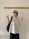 Cube Ribbon Cut Shirring Short Sleeve Blouse