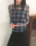 Niron Layered See-Through Check Long Sleeve T-Shirt