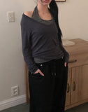 Sheen Layered Shirring V-Neck Long Sleeve T-Shirt