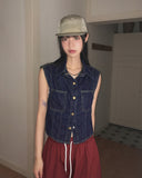 Tapi pocket snap button cap sleeve short sleeve denim shirt