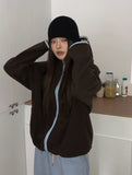 Rihan Color Matching High Neck Hood Fleece Zip-Up