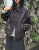 Dumb High Neck Cut Pocket String Leather Jacket