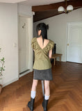 Blon V-Neck Shirring Pleated Puff Short Sleeve Blouse