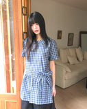 Purip Ribbon Strap Round Collar Check Mini One-Piece Dress