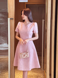 Rosea Heart Neck Puff Tweed Flare One Piece