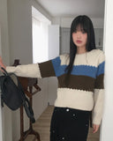 Wool Stripe Color Matching Button Round Long Sleeve Knitwear