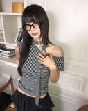[Strap SET] Kinble Slim Fit Striped Cap Sleeve Off-Shoulder T-Shirt